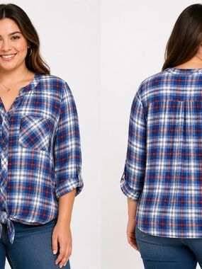 Ruby Rd Woman 2X Plaid Blouse Blue Red White 100% Cotton Roll-Tab Sleeve